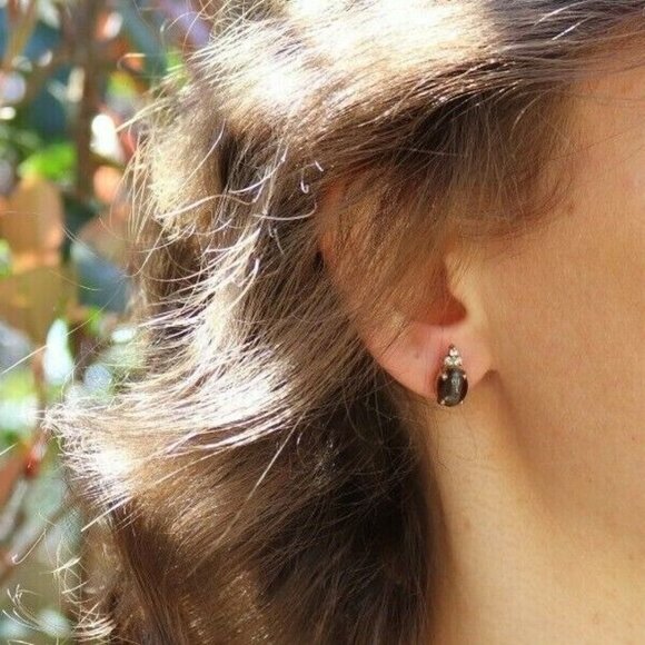 14k Yellow Gold Cat's Eye and Diamond Stud Earrings Gorgeous - Picture 4 of 10